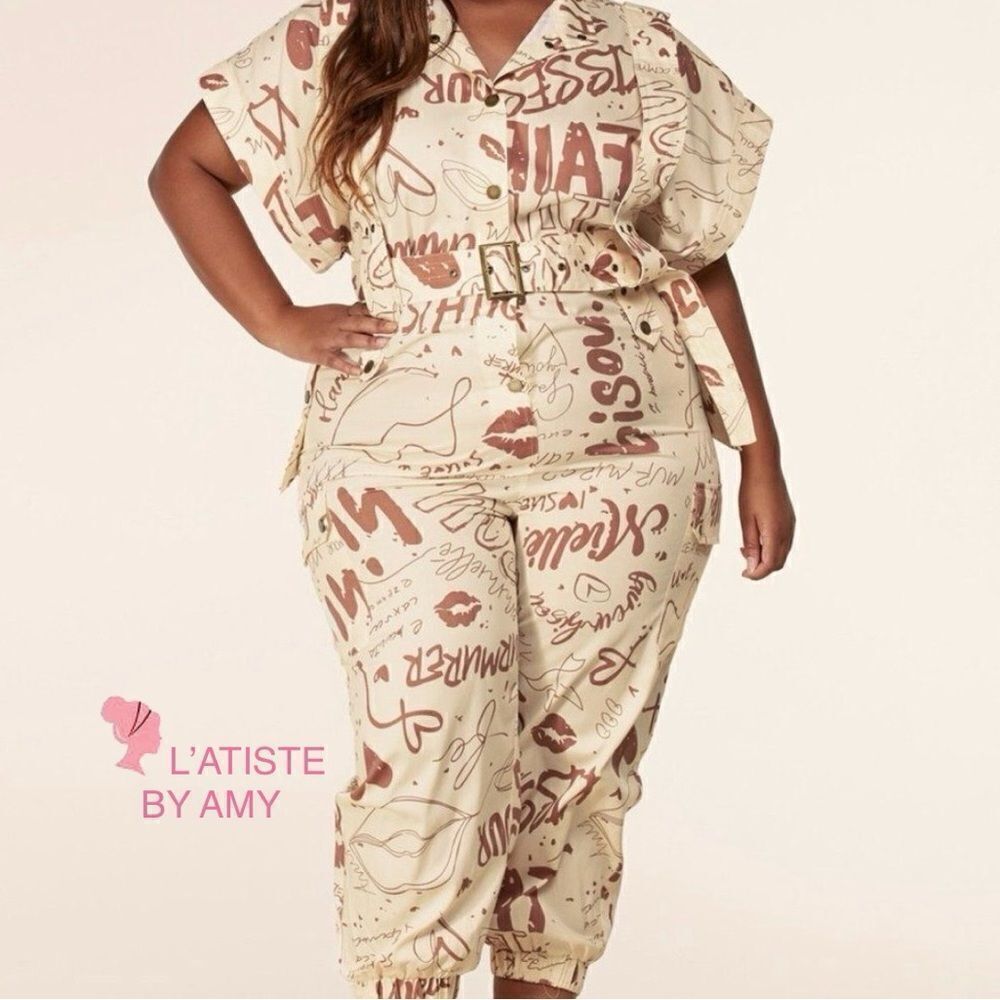 New L’atise by Amy Plus Size Graffiti Print Jumpsuit with Cap Sleeves
